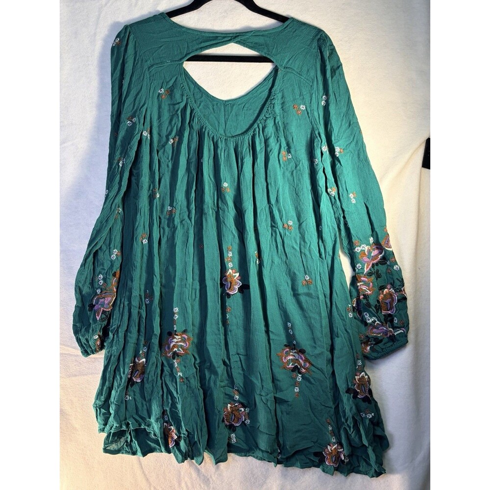 Free People Oxford Floral Embroidered Swing Dress M Teal Green Boho Oversized